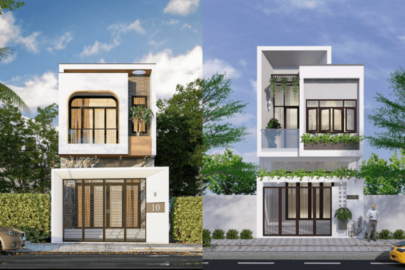 Sơ đồ bố trí mặt bằng công năng mẫu nhà ống 2 tầng điển hình, minh họa cách phân chia các phòng hợp lý trên diện tích đất hẹp và sâu.